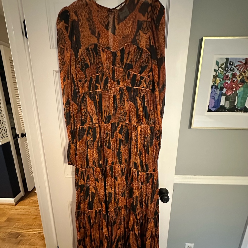 FARM Rio Burnt Orange and Black Tiered Long-Sleeve Maxi Dress